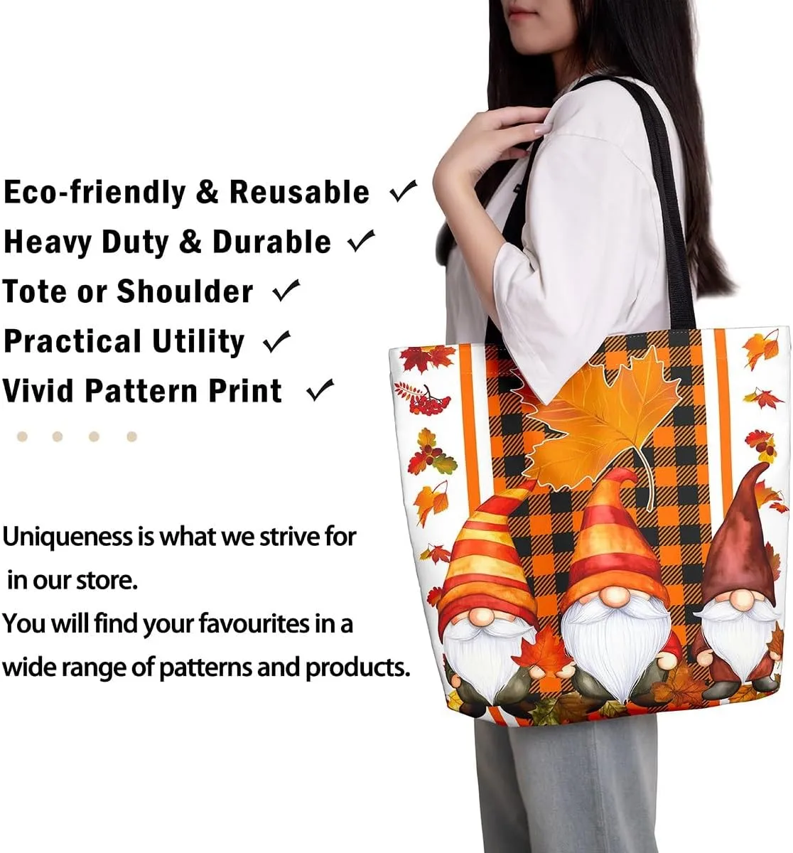 Fall Gnome Canvas Tote Bag Maple Leaves Sunflower Sandproof Beach Bag,Thanksgiving Pumpkin Handbag for Women