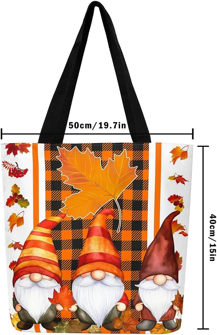Fall Gnome Canvas Tote Bag Maple Leaves Sunflower Sandproof Beach Bag,Thanksgiving Pumpkin Handbag for Women