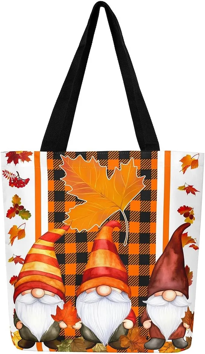 Fall Gnome Canvas Tote Bag Maple Leaves Sunflower Sandproof Beach Bag,Thanksgiving Pumpkin Handbag for Women