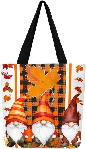 Fall Gnome Canvas Tote Bag Maple Leaves Sunflower Sandproof Beach Bag,Thanksgiving Pumpkin Handbag for Women