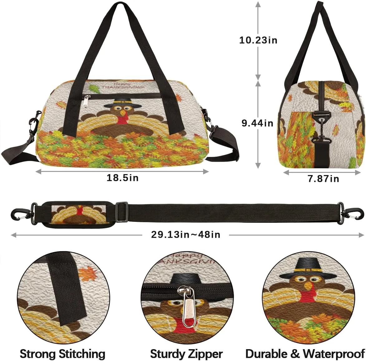 Fall Leaves Thanksgiving Turkey Kids Duffel Bag for Girls Boys, Turkey Oil Painting Dance Bag Overnight Small Duffel Bag Carry On Weekend Sports Gym Travel Bag for School Practice Gymnastics Ballet