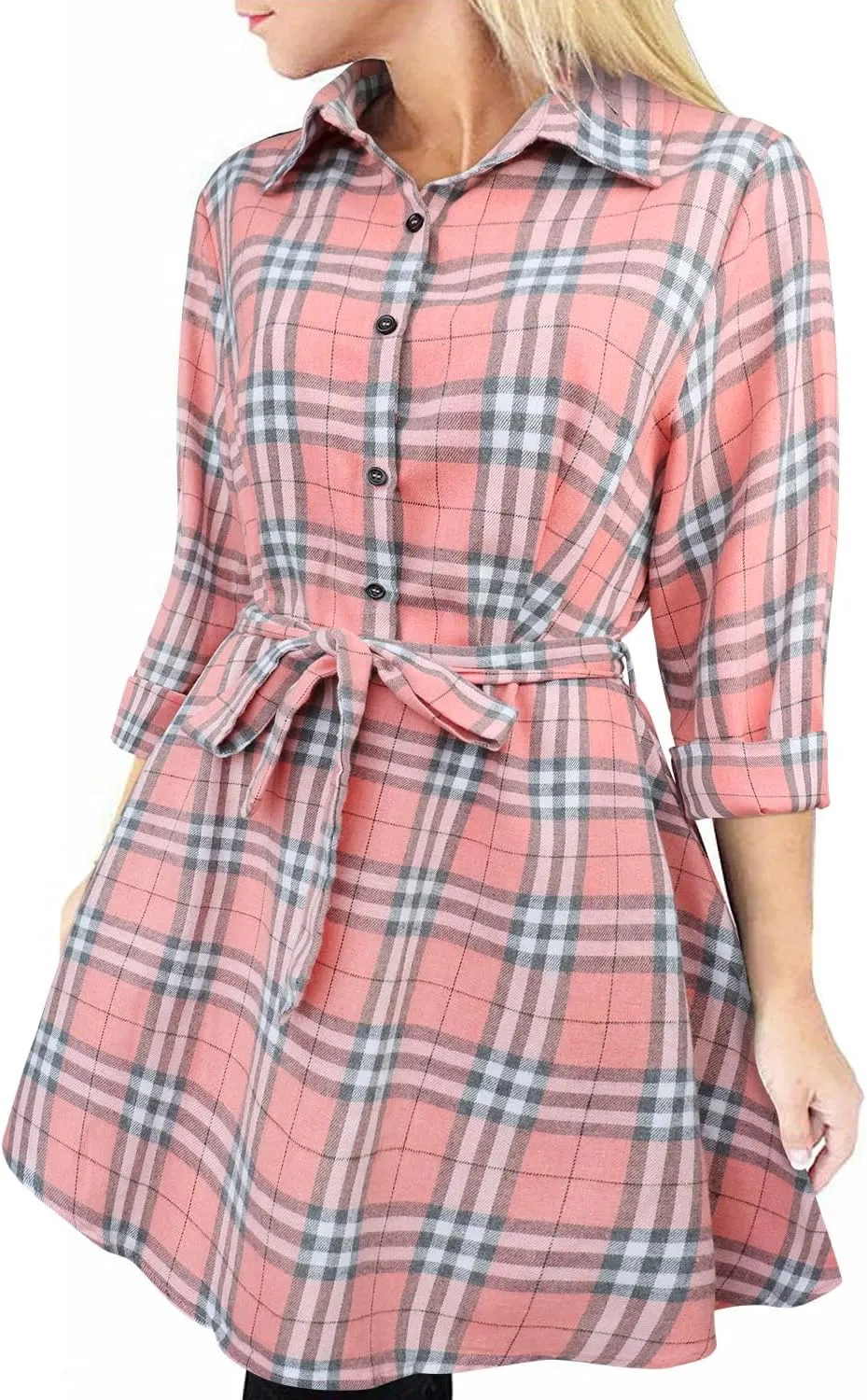 FANCYINN Women Long Sleeve Plaid Pattern Tunic Tops Shirt Casual Dress