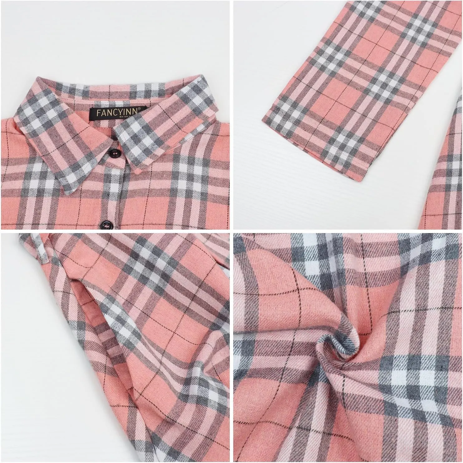 FANCYINN Women Long Sleeve Plaid Pattern Tunic Tops Shirt Casual Dress