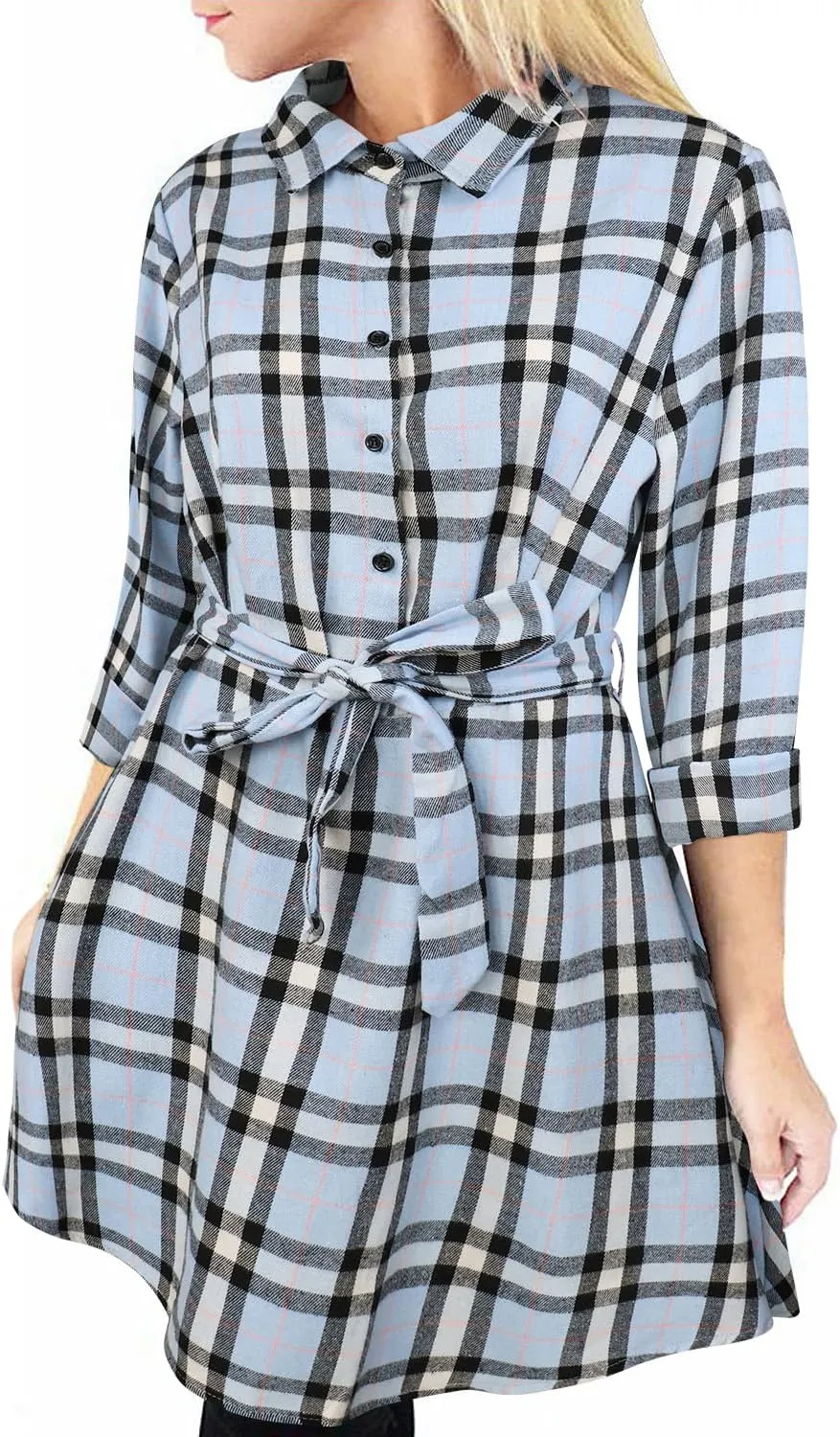 FANCYINN Women Long Sleeve Plaid Pattern Tunic Tops Shirt Casual Dress
