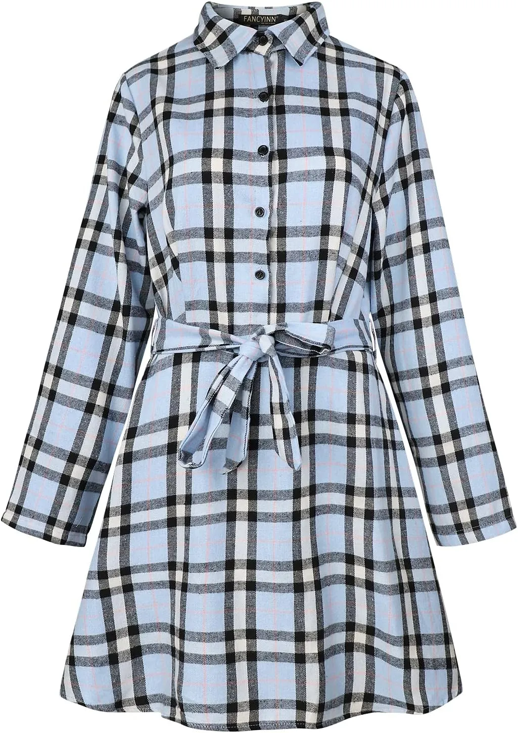 FANCYINN Women Long Sleeve Plaid Pattern Tunic Tops Shirt Casual Dress