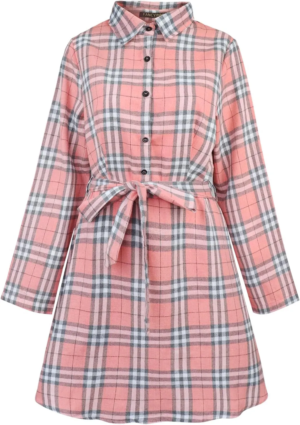FANCYINN Women Long Sleeve Plaid Pattern Tunic Tops Shirt Casual Dress