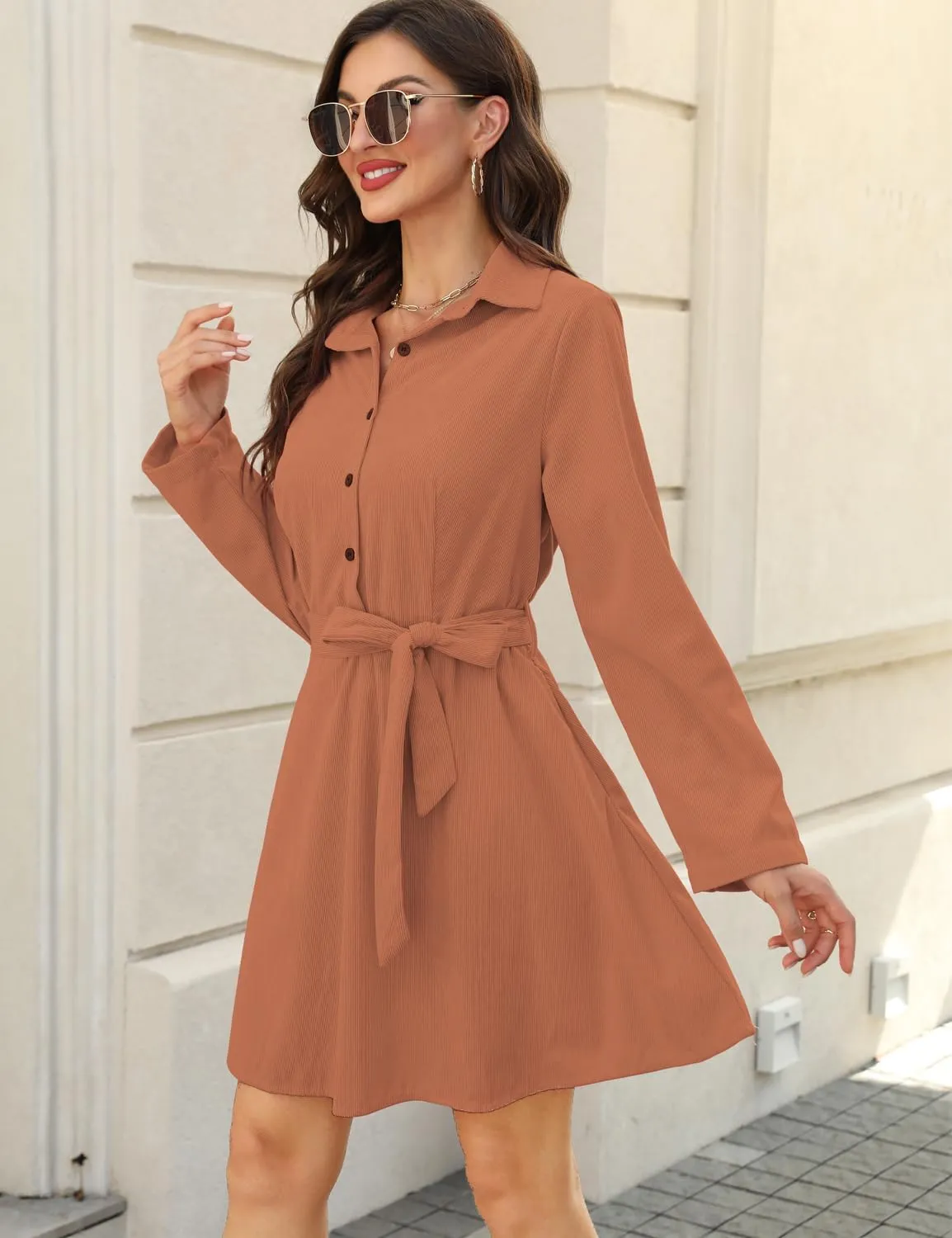FANCYINN Women Long Sleeve Plaid Pattern Tunic Tops Shirt Casual Dress