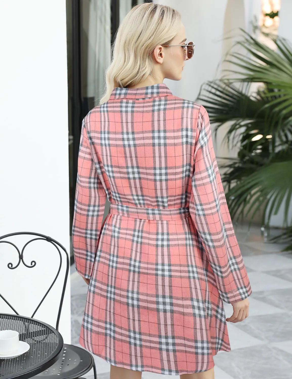 FANCYINN Women Long Sleeve Plaid Pattern Tunic Tops Shirt Casual Dress