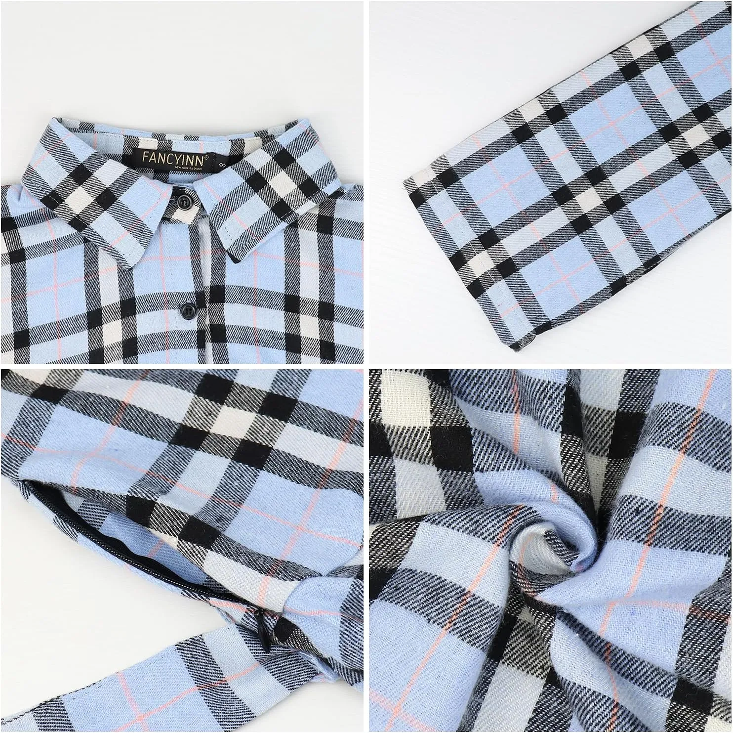 FANCYINN Women Long Sleeve Plaid Pattern Tunic Tops Shirt Casual Dress