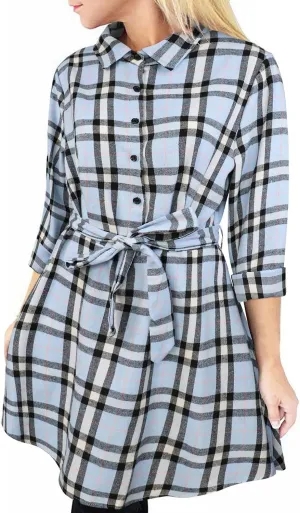 FANCYINN Women Long Sleeve Plaid Pattern Tunic Tops Shirt Casual Dress