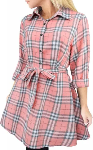 FANCYINN Women Long Sleeve Plaid Pattern Tunic Tops Shirt Casual Dress