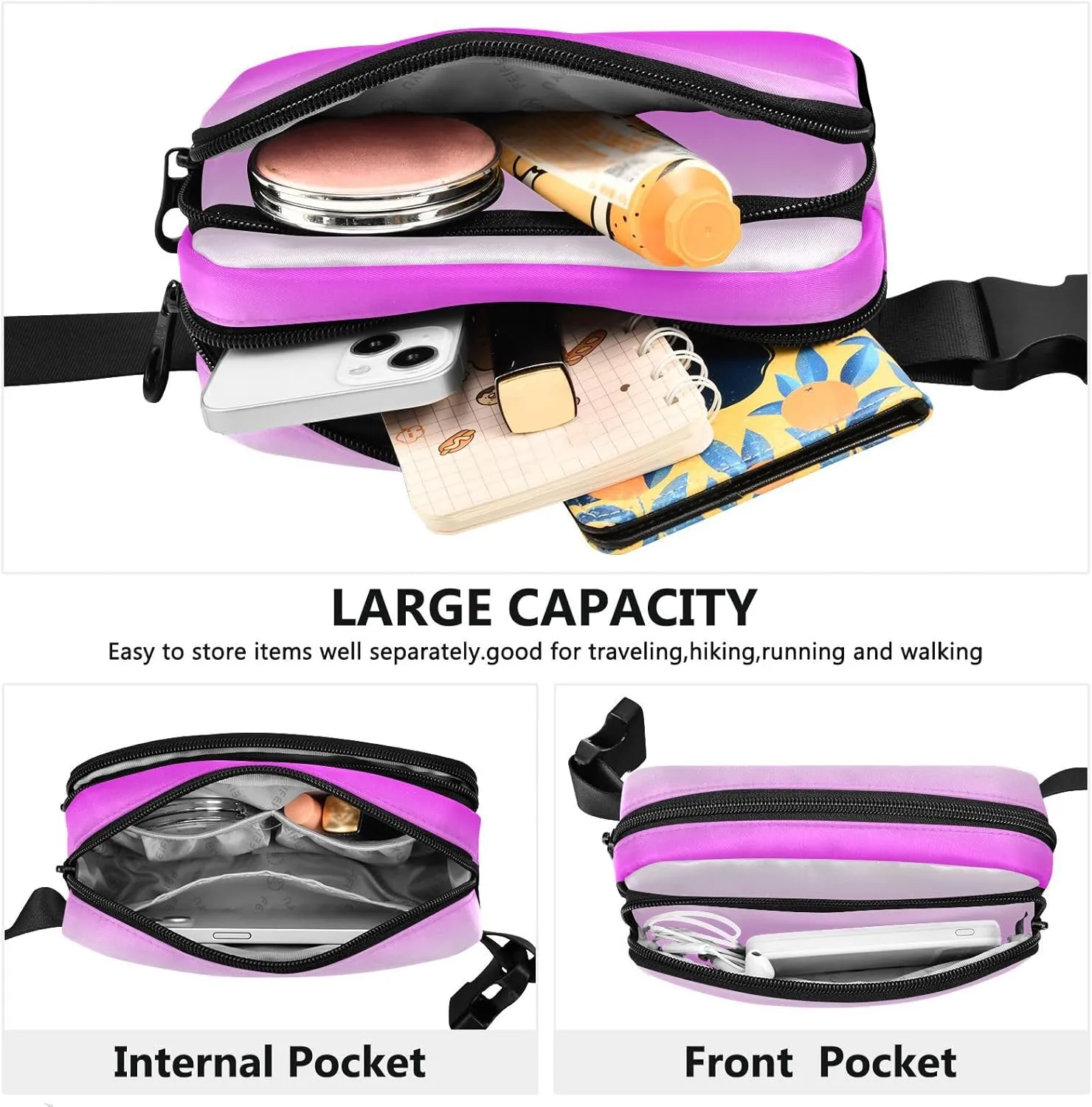 Fanny Pack for Women Men with Zipper Bright Purple Fashion Waist Pack, Small Cross Body bags for Running,Hiking,Cycling,Travel 20805-1