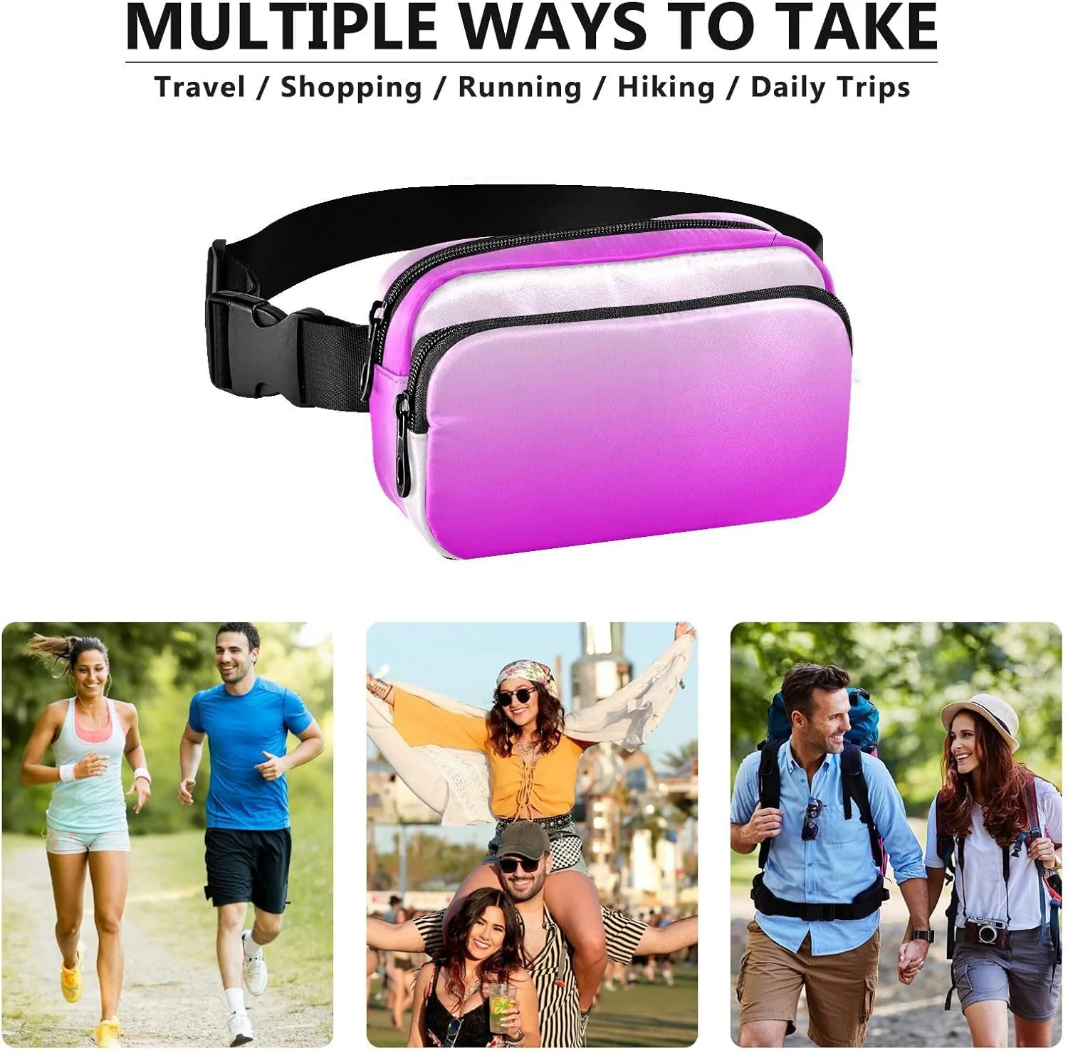 Fanny Pack for Women Men with Zipper Bright Purple Fashion Waist Pack, Small Cross Body bags for Running,Hiking,Cycling,Travel 20805-1