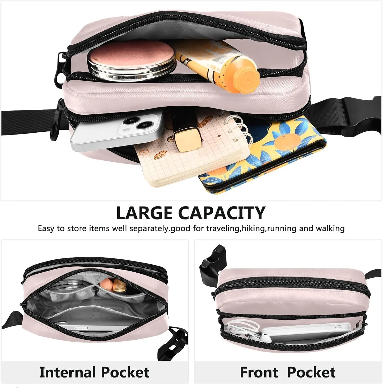 Fanny Pack for Women Men with Zipper Misty Rose Fashion Waist Pack, Small Cross Body bags for Running,Hiking,Cycling,Travel 20818
