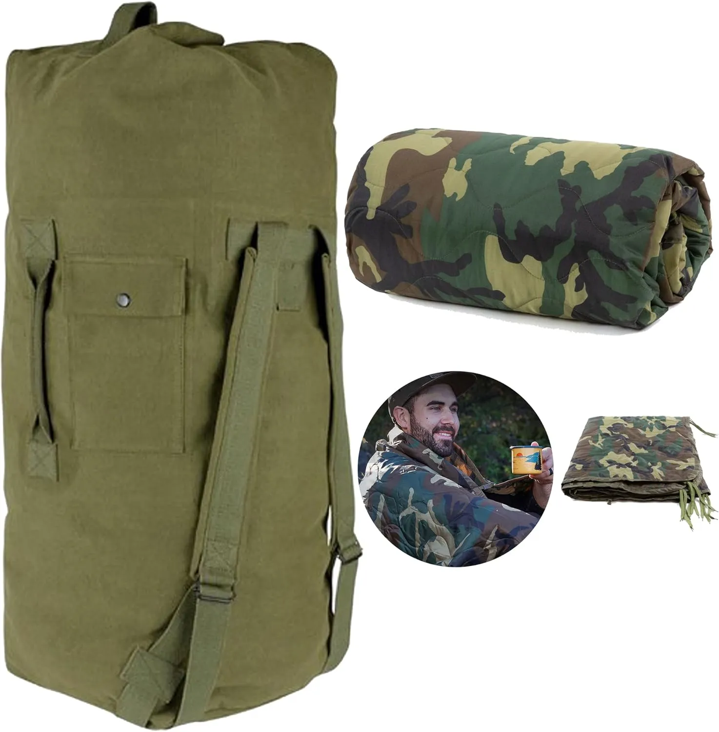 Farm Blue Bundle Military Duffle Bag and Military Camping Blanket