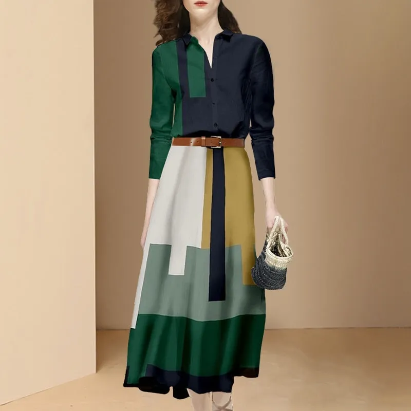 Fashion Office Suits Women Spring Fall Long Sleeve Hit Color Shirts Top High Waist Midi A-Line Belt Slim Skirt Two Piece Set