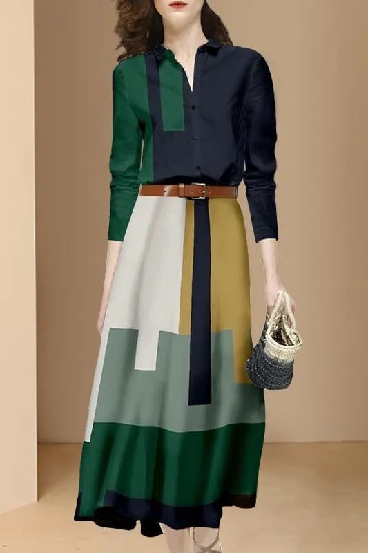 Fashion Office Suits Women Spring Fall Long Sleeve Hit Color Shirts Top High Waist Midi A-Line Belt Slim Skirt Two Piece Set