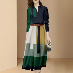 Fashion Office Suits Women Spring Fall Long Sleeve Hit Color Shirts Top High Waist Midi A-Line Belt Slim Skirt Two Piece Set