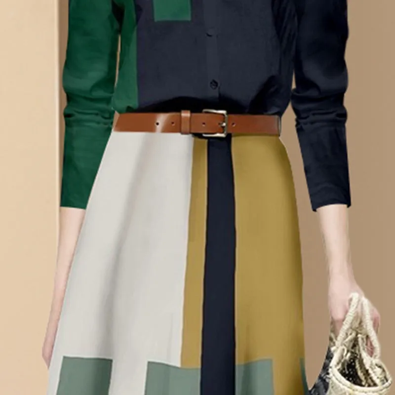 Fashion Office Suits Women Spring Fall Long Sleeve Hit Color Shirts Top High Waist Midi A-Line Belt Slim Skirt Two Piece Set