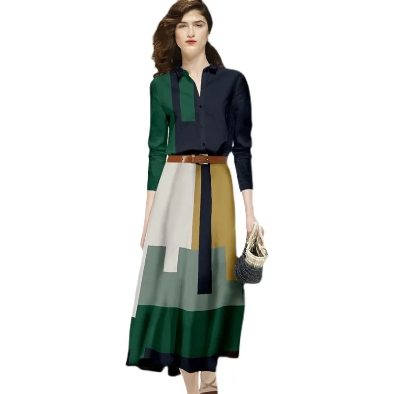Fashion Office Suits Women Spring Fall Long Sleeve Hit Color Shirts Top High Waist Midi A-Line Belt Slim Skirt Two Piece Set