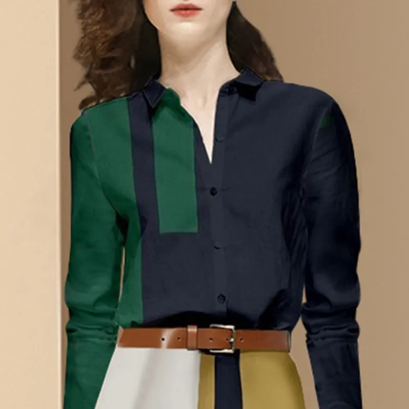 Fashion Office Suits Women Spring Fall Long Sleeve Hit Color Shirts Top High Waist Midi A-Line Belt Slim Skirt Two Piece Set
