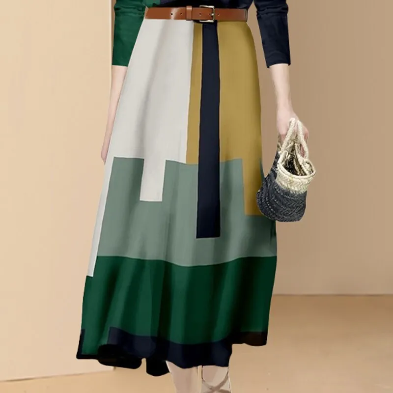 Fashion Office Suits Women Spring Fall Long Sleeve Hit Color Shirts Top High Waist Midi A-Line Belt Slim Skirt Two Piece Set