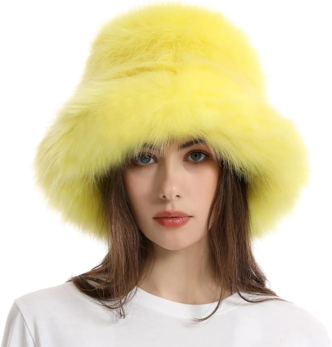 Faux Fur Bucket Hats Winter Warm Wide Brim Fisherman Cap for Women Fluffy Fuzzy Bucket Hat
