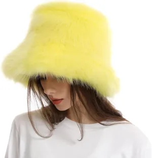 Faux Fur Bucket Hats Winter Warm Wide Brim Fisherman Cap for Women Fluffy Fuzzy Bucket Hat