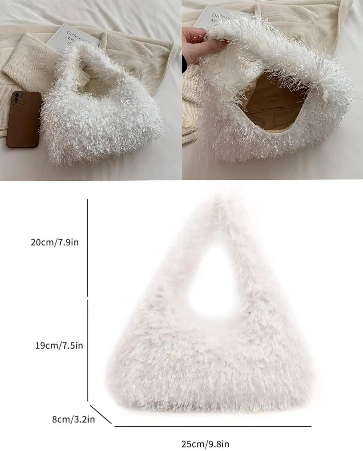 Faux Fur Fluffy Hobo Bag Furry Handbag Purse Y2K Fuzzy Tote Bag,Trendy Cute Plush Purse for Women
