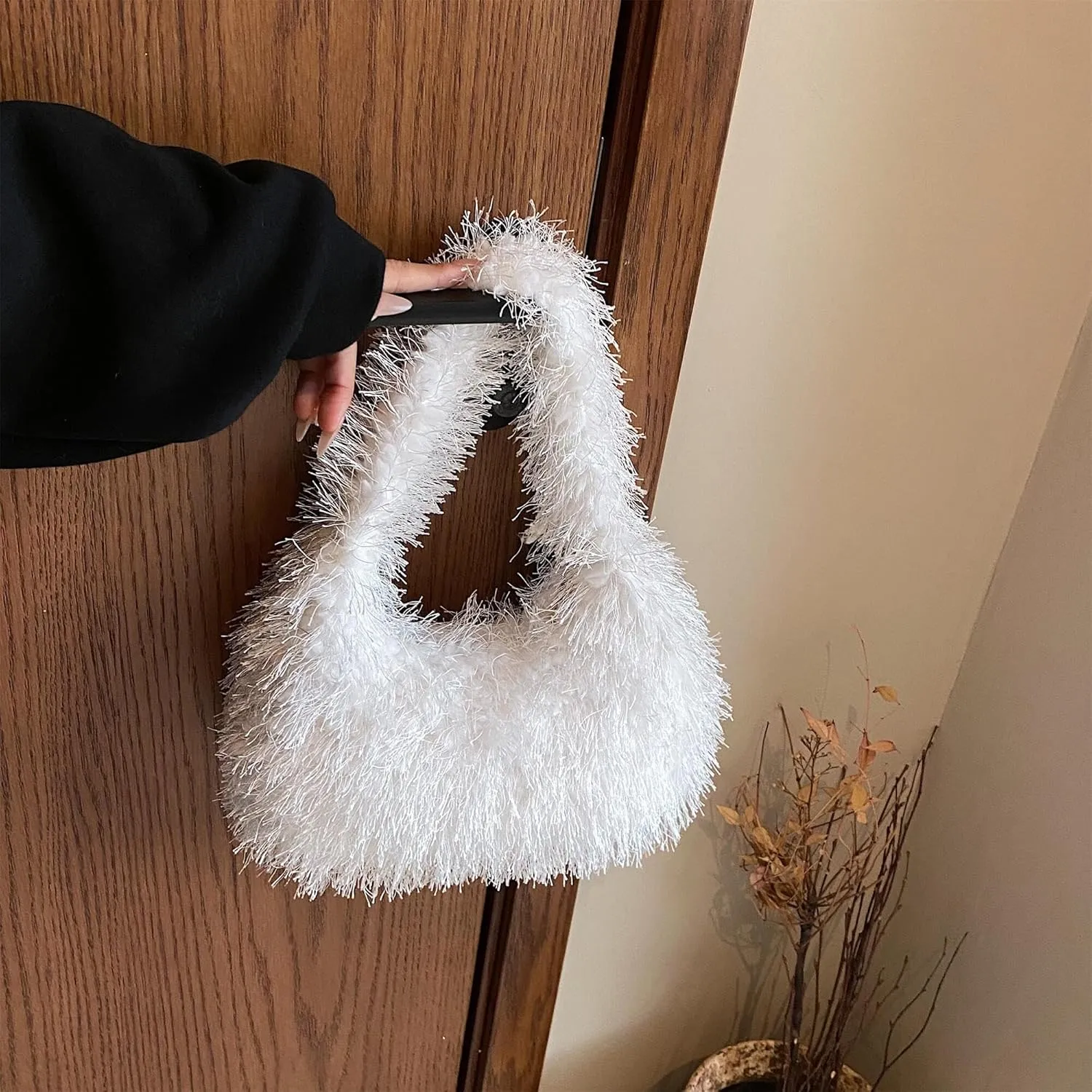 Faux Fur Fluffy Hobo Bag Furry Handbag Purse Y2K Fuzzy Tote Bag,Trendy Cute Plush Purse for Women