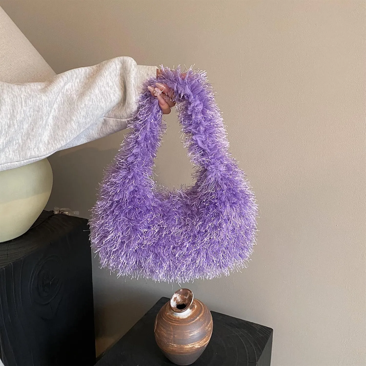 Faux Fur Fluffy Hobo Bag Furry Handbag Purse Y2K Fuzzy Tote Bag,Trendy Cute Plush Purse for Women