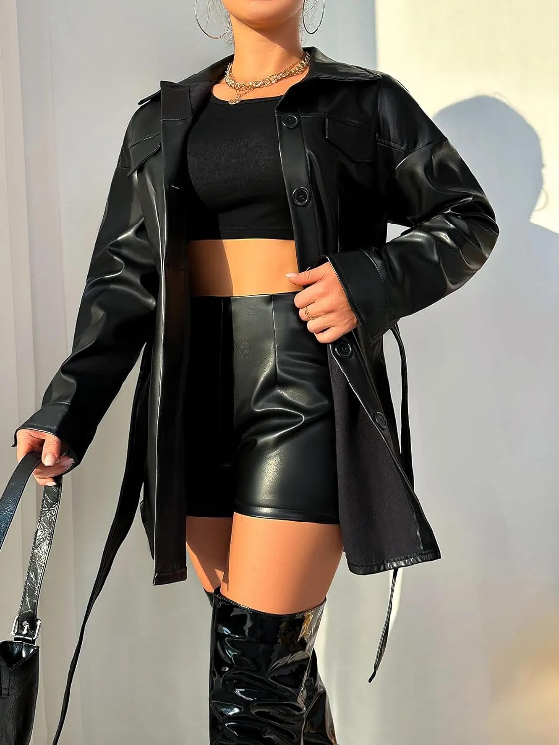 Faux Leather Jacket Women Trench Coat Long Button Jacket Open Front Motorcycle Coat with Belt