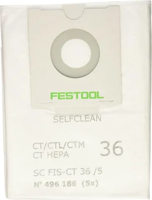 Festool 496186 SELFCLEAN Filter Bag for CT 36, Quantity 5