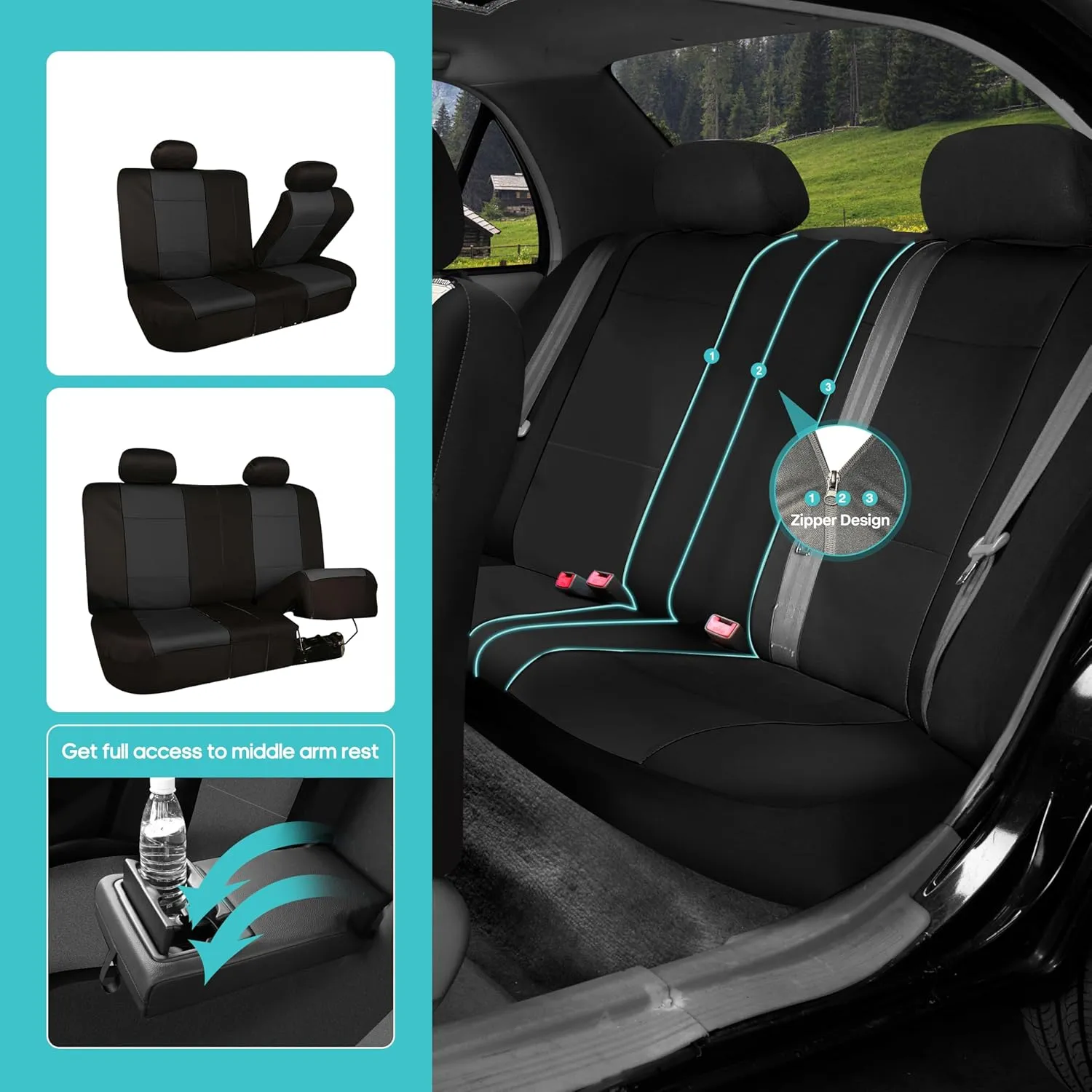 FH Group Car Seat Covers Three-Row 7 Seater Neoprene Waterproof Car Full Set Seat Covers, Airbag Ready and Split - Fit Most Car, Truck, SUV, & Van (Solid Black)