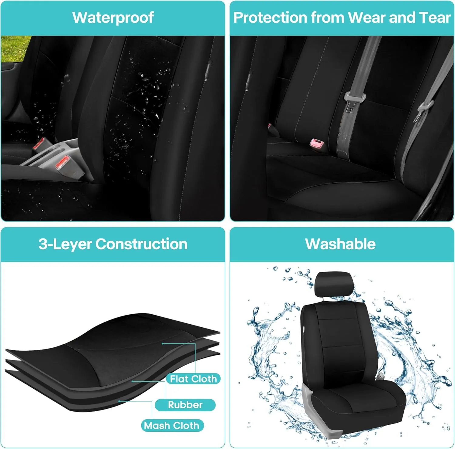 FH Group Car Seat Covers Three-Row 7 Seater Neoprene Waterproof Car Full Set Seat Covers, Airbag Ready and Split - Fit Most Car, Truck, SUV, & Van (Solid Black)