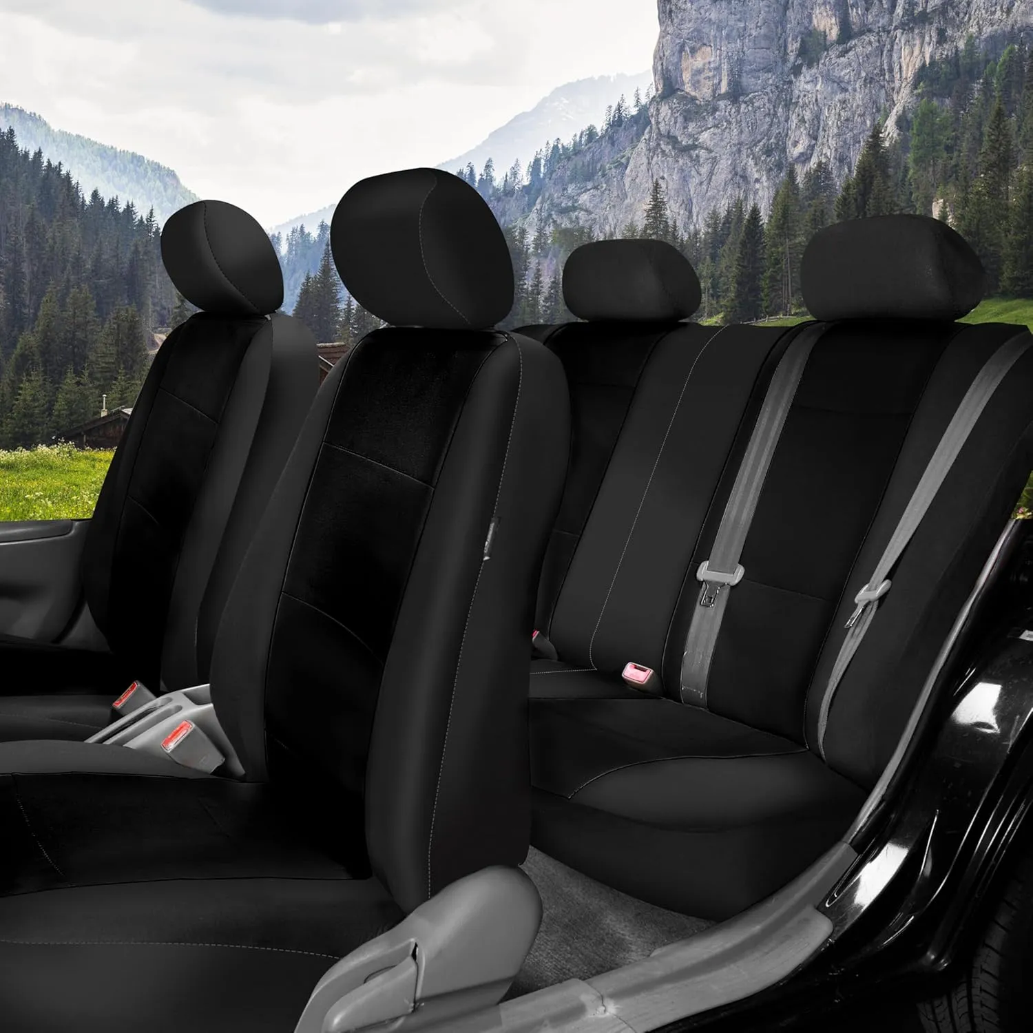 FH Group Car Seat Covers Three-Row 7 Seater Neoprene Waterproof Car Full Set Seat Covers, Airbag Ready and Split - Fit Most Car, Truck, SUV, & Van (Solid Black)