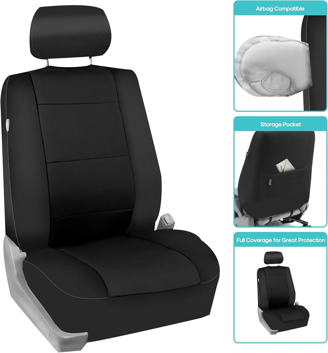 FH Group Car Seat Covers Three-Row 7 Seater Neoprene Waterproof Car Full Set Seat Covers, Airbag Ready and Split - Fit Most Car, Truck, SUV, & Van (Solid Black)