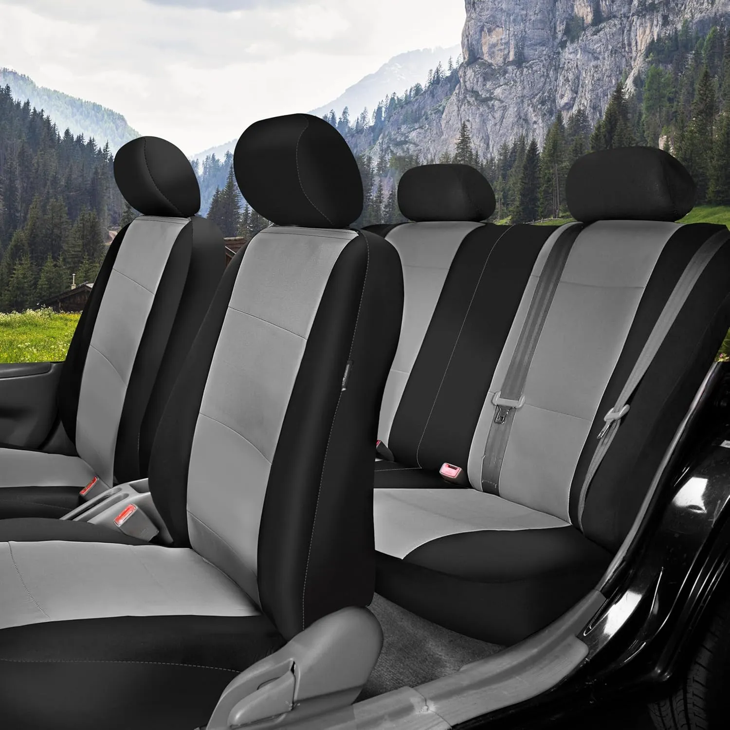 FH Group Car Seat Covers Three-Row 7 Seater Neoprene Waterproof Car Full Set Seat Covers, Airbag Ready and Split - Fit Most Car, Truck, SUV, or Van (Gray/Black)