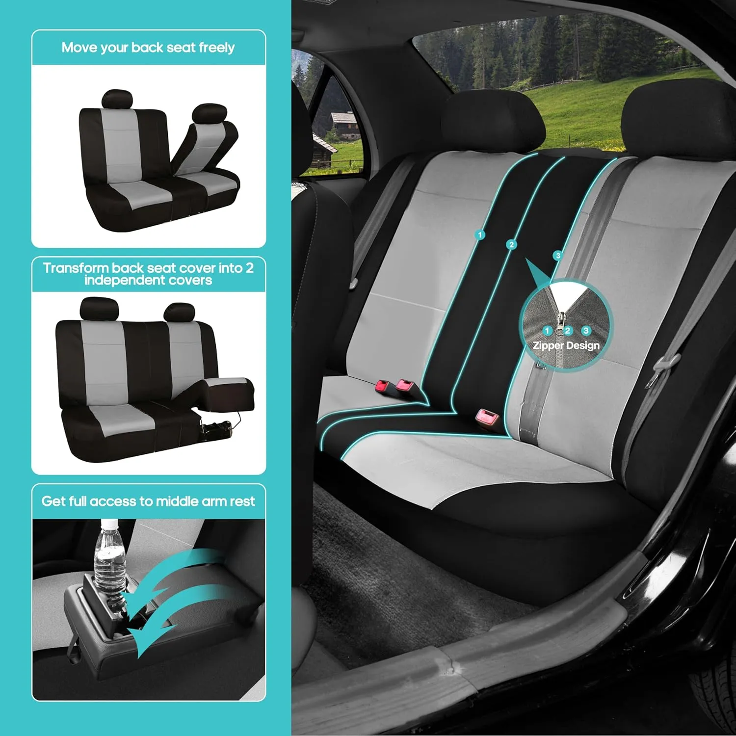 FH Group Car Seat Covers Three-Row 7 Seater Neoprene Waterproof Car Full Set Seat Covers, Airbag Ready and Split - Fit Most Car, Truck, SUV, or Van (Gray/Black)