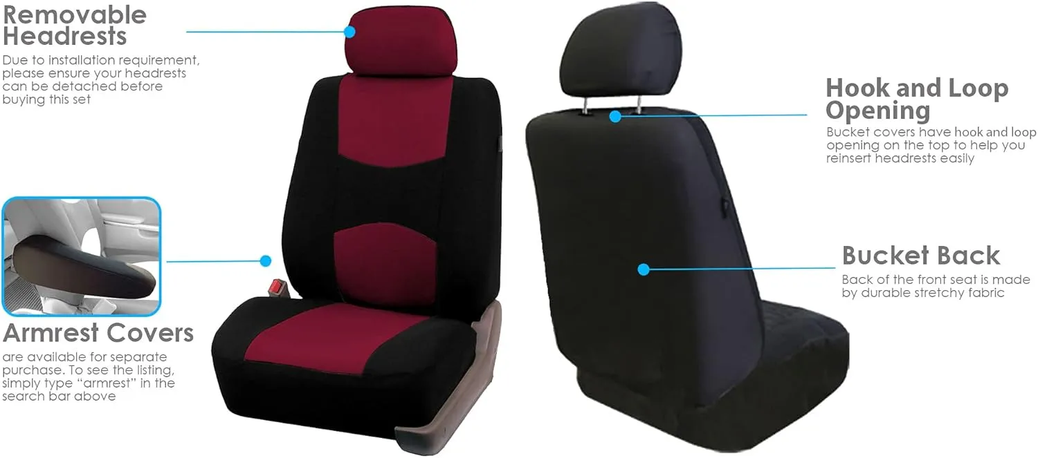 FH Group Pair Set Flat Cloth Car Seat Covers- Universal Fit for Trucks, SUVs, and Vans (Burgundy/Black) FB050102
