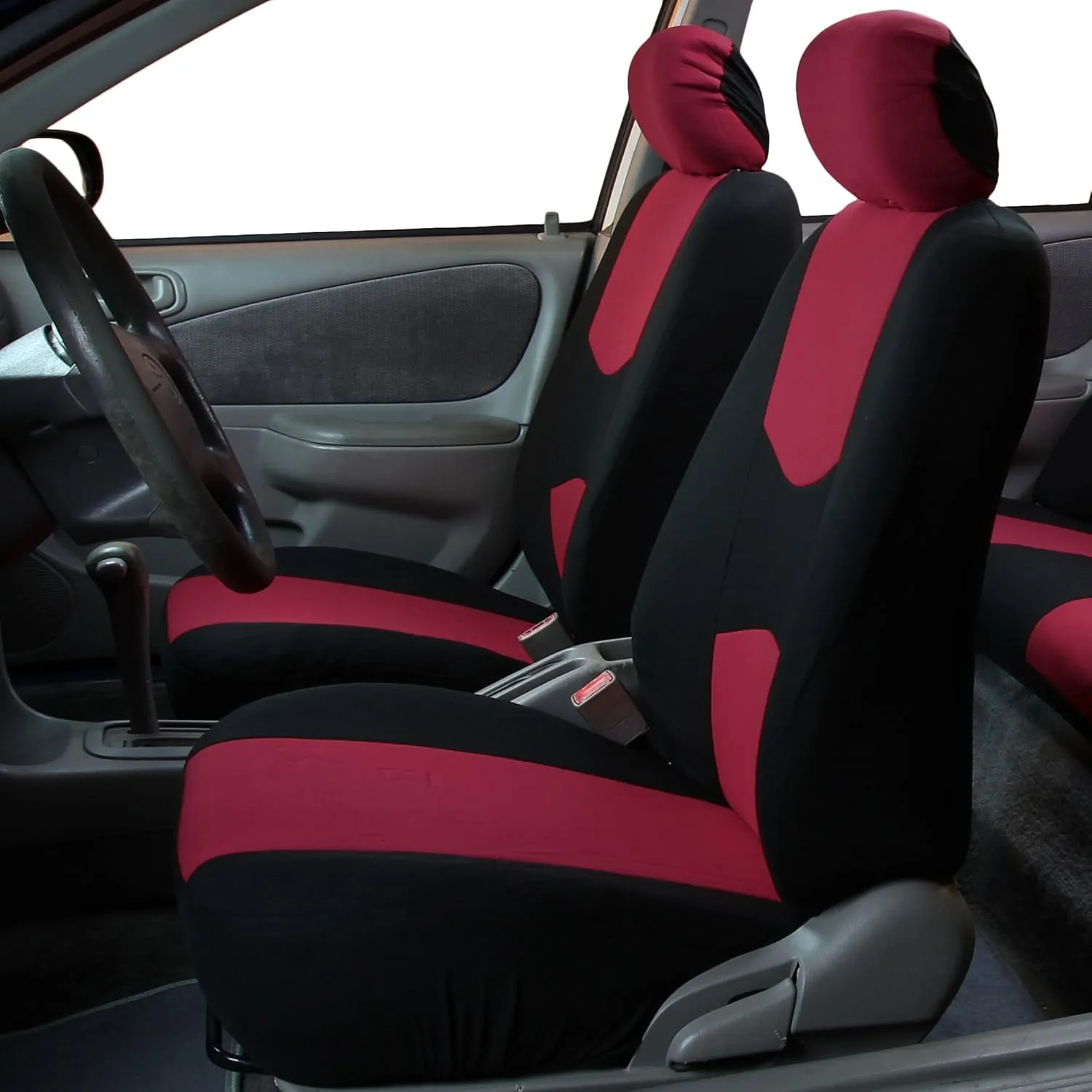 FH Group Pair Set Flat Cloth Car Seat Covers- Universal Fit for Trucks, SUVs, and Vans (Burgundy/Black) FB050102