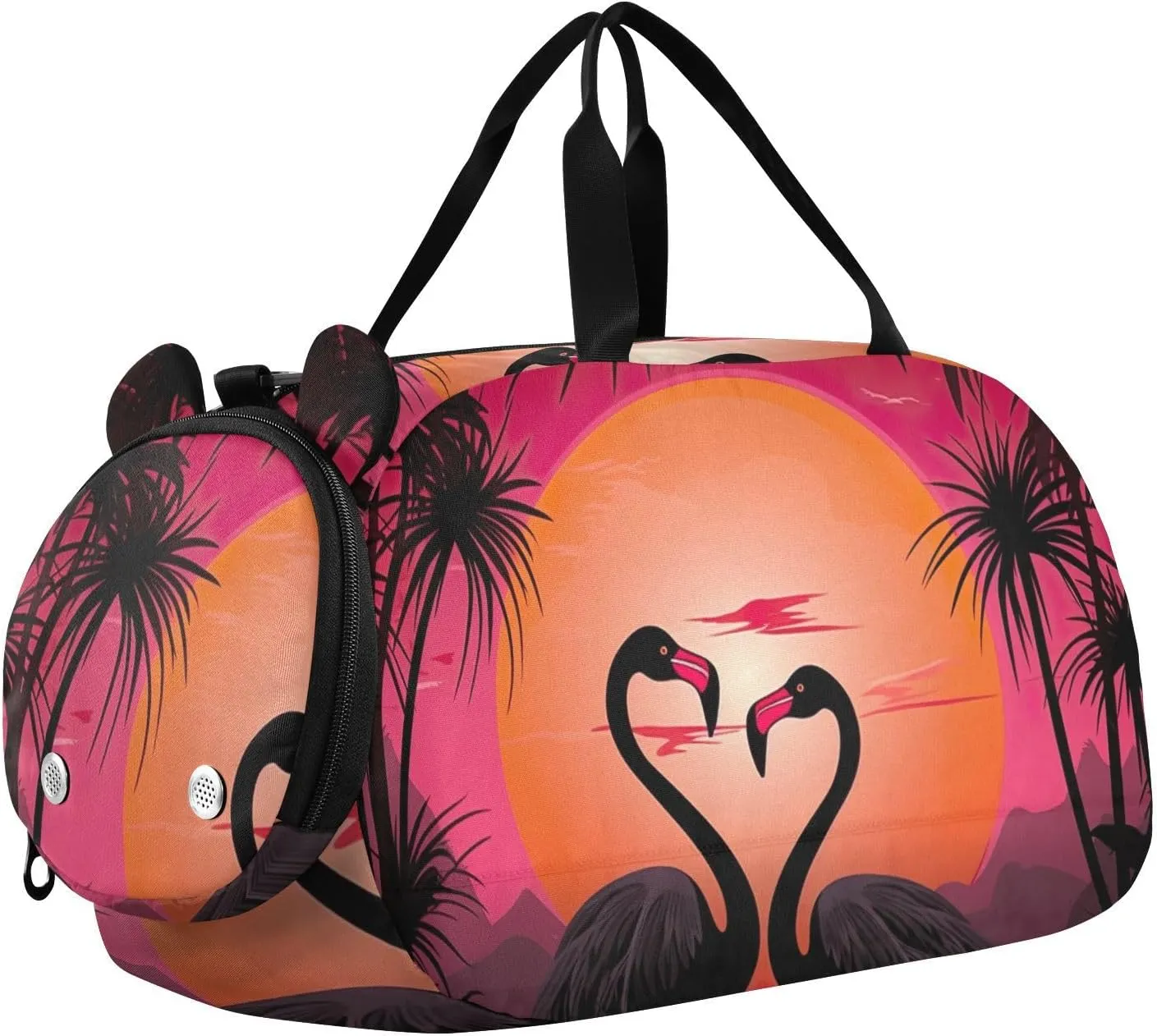 Flamingo at Sunset Duffle Bag for Girl, Sports Duffle Gym Bags with Shoe Compartment, Personalized Overnight Bag Travel Weekender for Kids