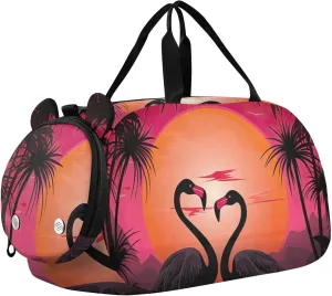 Flamingo at Sunset Duffle Bag for Girl, Sports Duffle Gym Bags with Shoe Compartment, Personalized Overnight Bag Travel Weekender for Kids