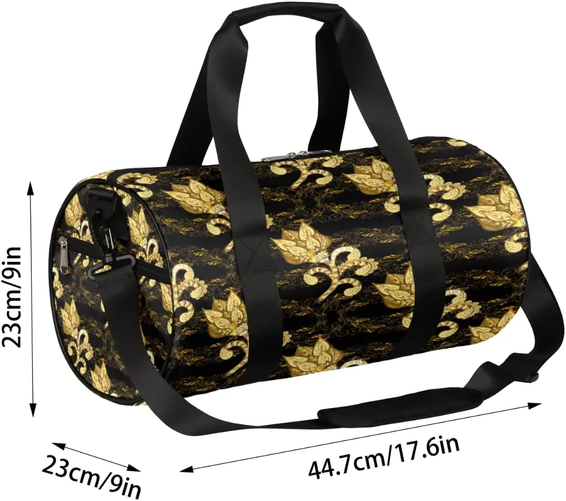 Flower Gold Black Gym Bag Small Gym Duffel Bags for Men Women Overnight Weekender Bag Lightweight Sport Duffle Bag Carry On Gymbag