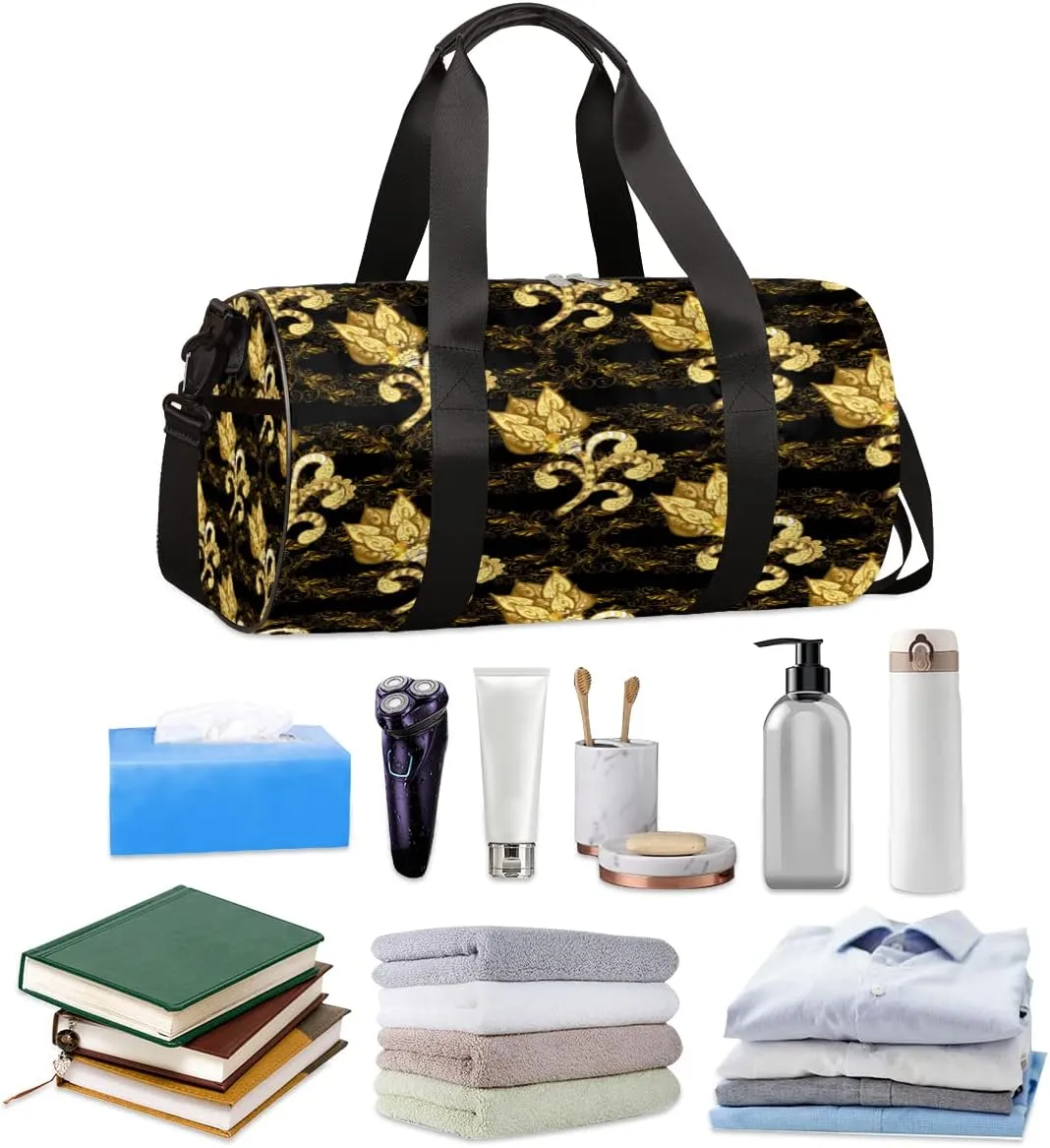 Flower Gold Black Gym Bag Small Gym Duffel Bags for Men Women Overnight Weekender Bag Lightweight Sport Duffle Bag Carry On Gymbag