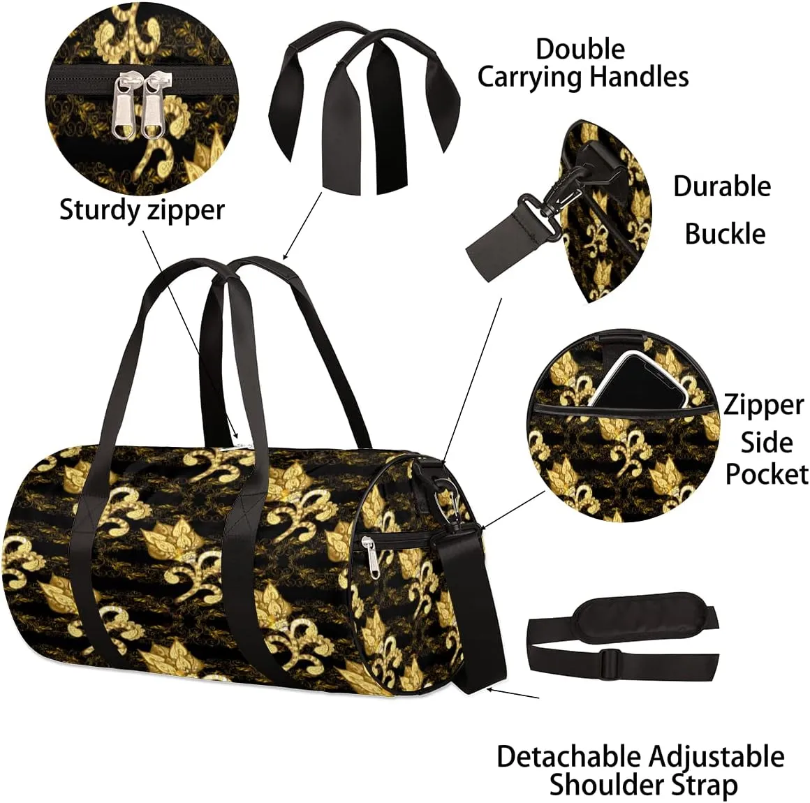 Flower Gold Black Gym Bag Small Gym Duffel Bags for Men Women Overnight Weekender Bag Lightweight Sport Duffle Bag Carry On Gymbag