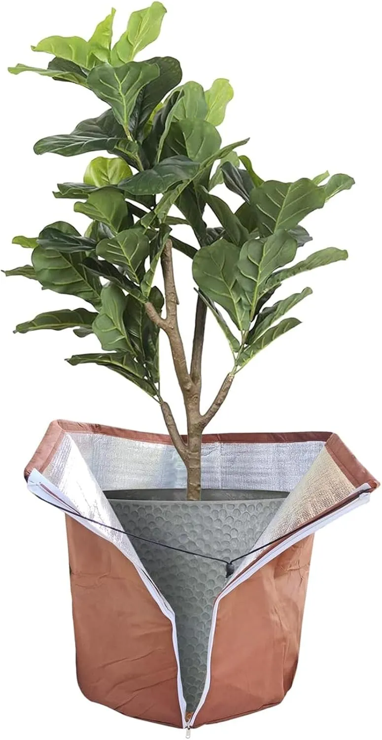 Flower Pot Cover, Garden Plant Protector Insulation Thermal Covers Waterproof Frost Anti-Winter Protection Bag Reusable with Drawstring Zipper, Potted Plants Shrubs Fruit Tree (45*70cm,Khaki)