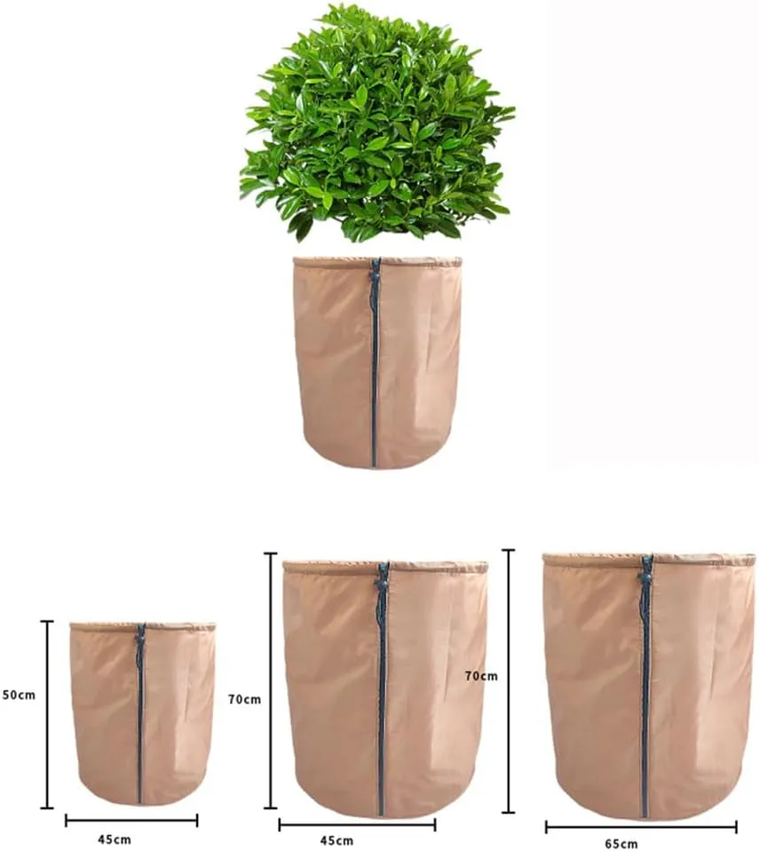 Flower Pot Cover, Garden Plant Protector Insulation Thermal Covers Waterproof Frost Anti-Winter Protection Bag Reusable with Drawstring Zipper, Potted Plants Shrubs Fruit Tree (45*70cm,Khaki)