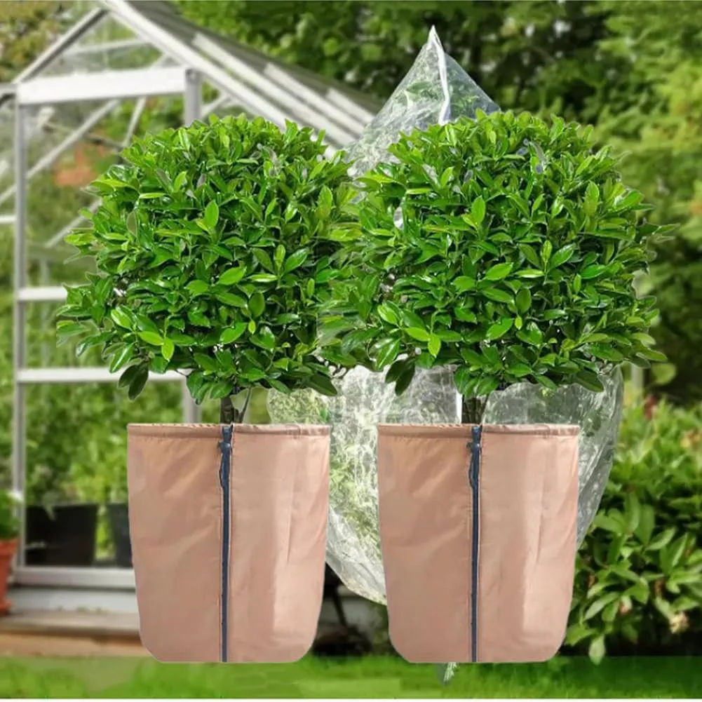 Flower Pot Cover, Garden Plant Protector Insulation Thermal Covers Waterproof Frost Anti-Winter Protection Bag Reusable with Drawstring Zipper, Potted Plants Shrubs Fruit Tree (45*70cm,Khaki)