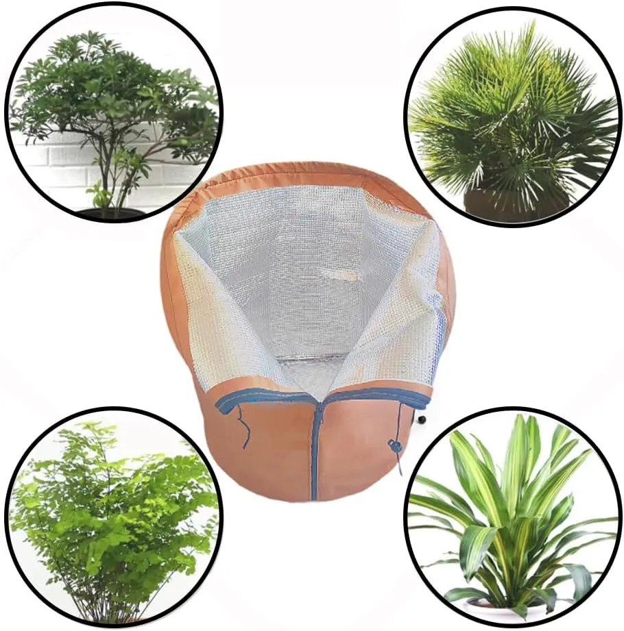 Flower Pot Cover, Garden Plant Protector Insulation Thermal Covers Waterproof Frost Anti-Winter Protection Bag Reusable with Drawstring Zipper, Potted Plants Shrubs Fruit Tree (45*70cm,Khaki)